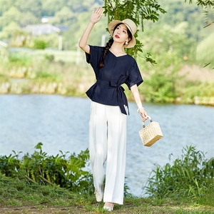 棉麻套装女夏季2025新款高端时尚洋气减龄显瘦亚麻阔腿裙裤两件套图片