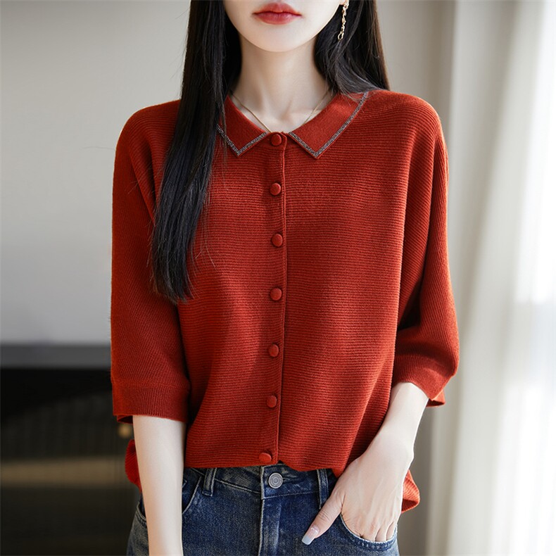 春秋装开衫女POLO翻领针织衫外套外搭宽松,针织衫/毛衣,暖烁特种纱工厂店