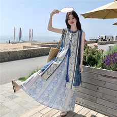 新中式国风蓝色碎花无袖马甲连衣裙套装女夏两件套巨好看流行超火，女装套装/套裙，2C133