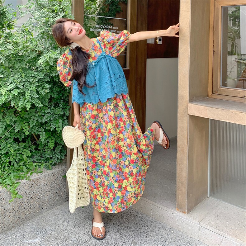 泡泡袖碎花马甲连衣裙女夏2025新款浪漫小众设计感两件套爆款流行,女装套装/套裙,浙宝220