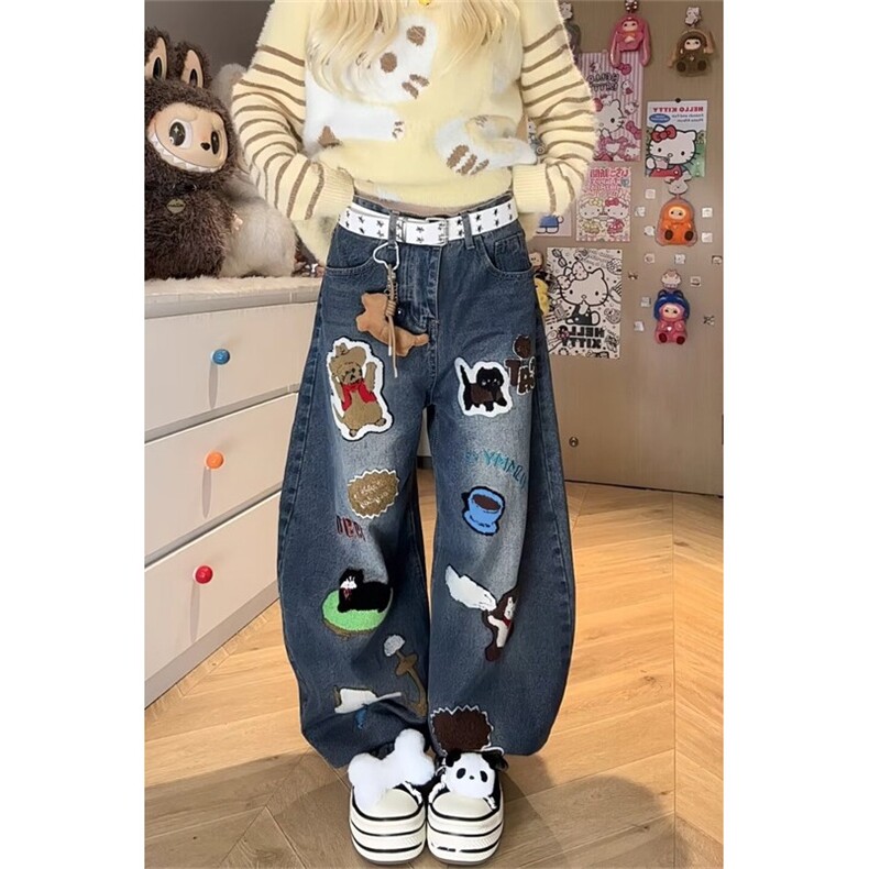 牛仔滑板裤新款高腰牛仔阔腿裤男女直筒宽松垂感拖地春秋冬裤子,男装休闲裤,星座601-1