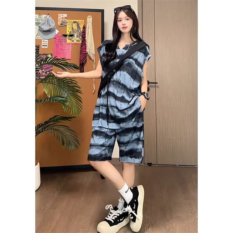 小个子显高穿搭套装男女款扎染美式复古运动休闲无袖背心短裤整套,男装休闲套装,星座506A