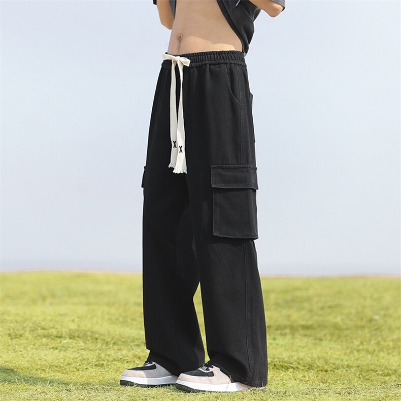 美式工装牛仔裤男2024春季大口袋高街阔腿裤子潮-BK801-P48黑色,男装牛仔裤,星座307-3(原516-1)