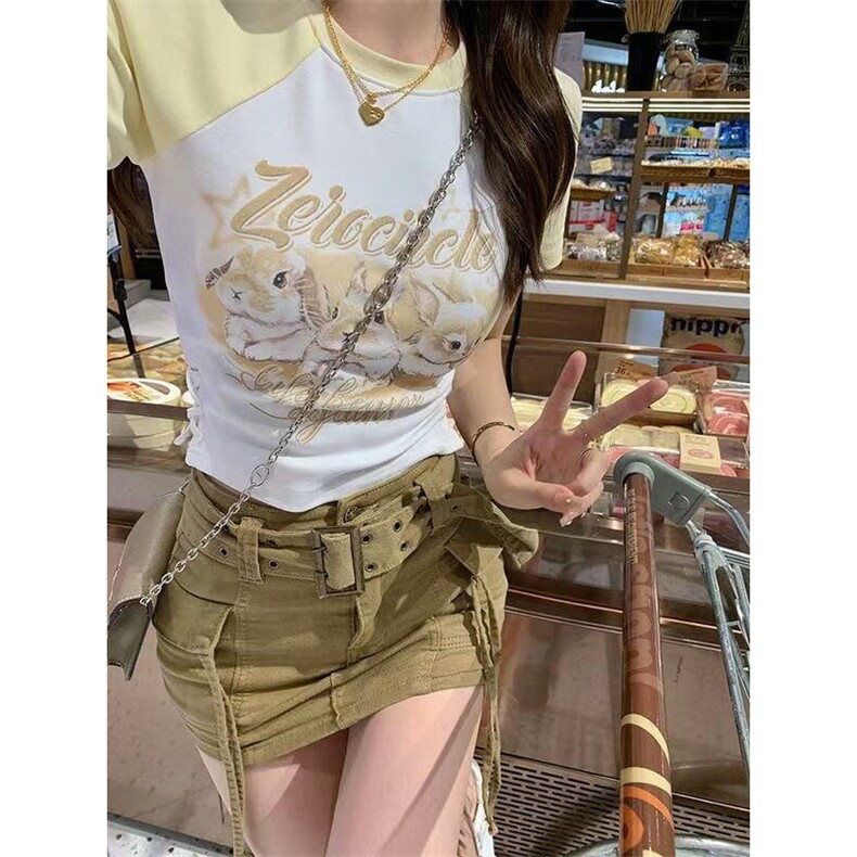 H0844-P35夏季新款甜辣妹印花百搭短袖T恤短款撞色正肩时尚上衣,女装T恤,星座617A-2