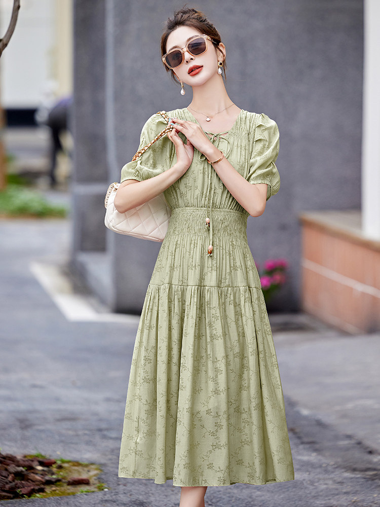 法式泡泡袖粉色印花连衣裙女2025夏季新款甜美气质收腰超好看长裙,女装连衣裙,美静678