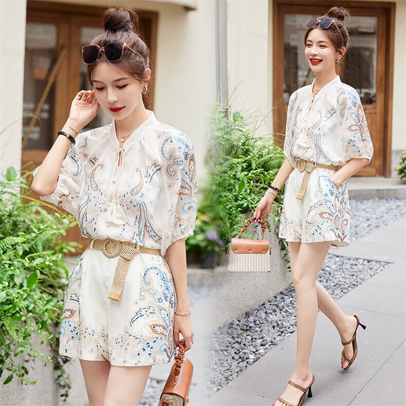 2023夏装新款天丝棉定位印花时尚潮流休闲短裤套装，女装短裤/热裤，岚衣(原川流布茜）