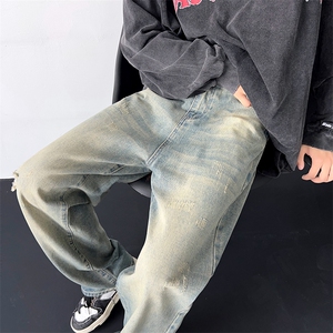 美式高街拼接水洗牛仔裤男款潮牌复古宽松直筒阔腿裤 K7236-P38图片