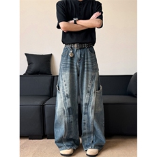 水洗复古解构弯刀牛仔裤美式宽松阔腿廓形拖地裤子N664-P60，男装牛仔裤，星座308B-2
