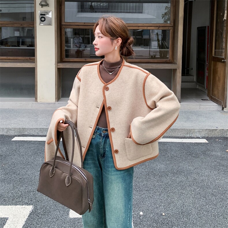高级感小香风毛呢短款外套女冬季2025新款小个子宽松休闲呢子上衣,女装短外套,韩蜜菓