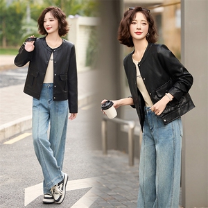 2025春秋季新款高级感质感长袖短款圆领pu皮衣夹克欧美时尚外套女图片