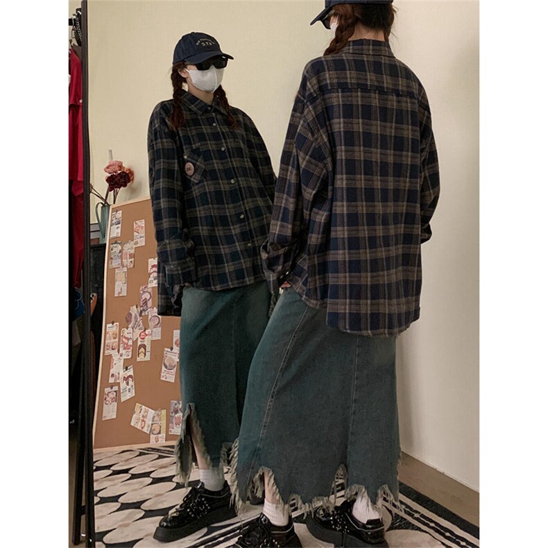潮牌情侣美式复古徽章LOGO格子衬衫男长袖衬衣外套CS51,男装衬衫,星座1116A（原606A-3）