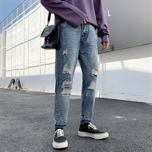 爆款主推2021春夏季牛仔裤男青少年休闲新款港风破洞裤子图片
