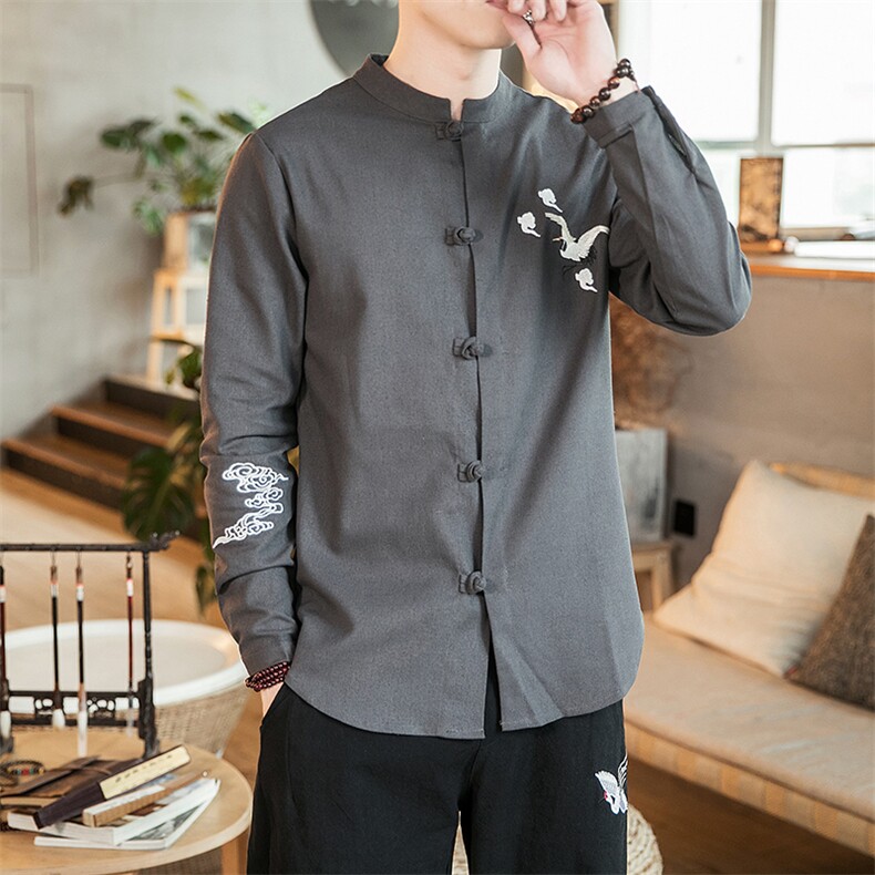 风春装棉麻大码衬衣休闲男装唐装复男仙鹤刺绣衬衫 CS508-P55图片