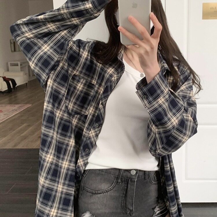 D8876-P50美式复古格子衬衫男女外套春秋季设计感衬衣-网图现货,男装衬衫,星座603-2