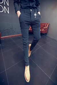加绒 薄40 2021春冬小脚裤英伦个性韩版男士条纹长裤图片