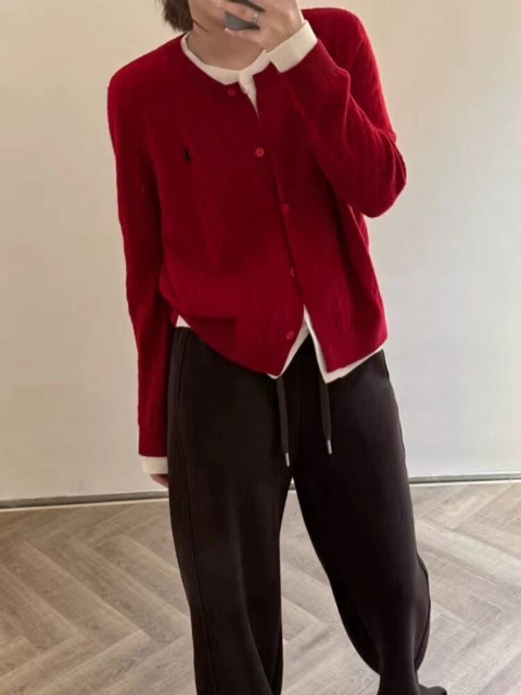24秋冬新款针织开衫女圆领精仿羊毛假两件外套女麻花刺绣毛衣女,针织衫/毛衣,美轩羊绒
