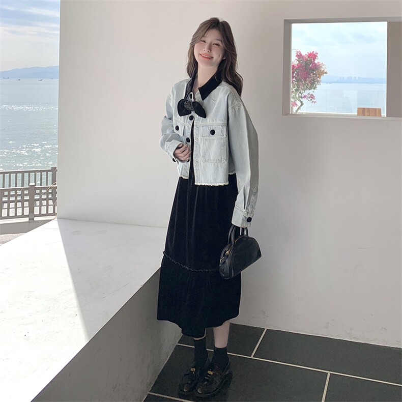 丝绒拼接蝴蝶结翻领牛仔外套女2025春秋季新款小个子显瘦别致上衣,女装连衣裙,2C198