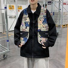高街复古拼接小熊夹克衫假两件M-4XL宽松春季工装男日系W2531-P60图片