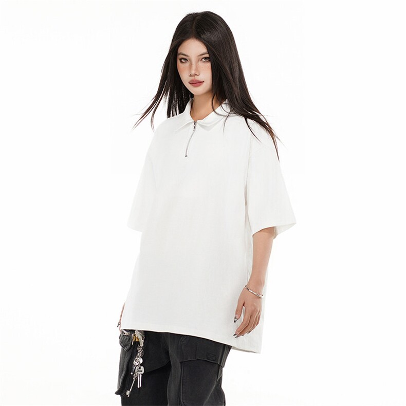 得物抖音二开240克纯棉宽松美式POLO翻领拉链中性风短袖T恤潮,男装T恤,电商A486-1
