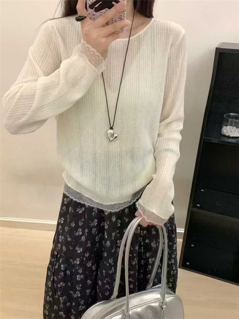 春季新款精纺6羊毛蕾丝袖边长袖打底,针织衫/毛衣,艾米娇羊绒