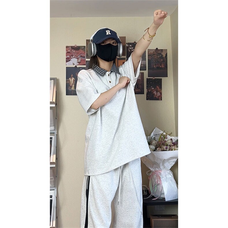 假两件格子拼接T恤夏季美式潮牌短袖POLO衫翻领上衣T3640-特价P29图片