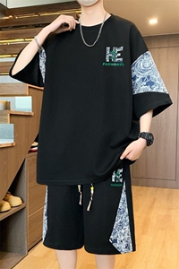 TZ25303-P55夏季休闲T恤短裤男两件套 港风学生宽松短袖运动套装图片