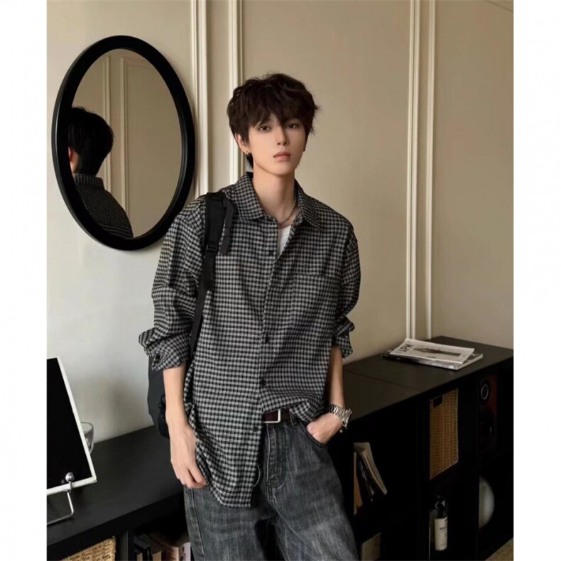 1506/QCS3880/P37美式复古春夏季休闲格纹通勤长袖慵懒衬衣潮流，男装衬衫，星座1506