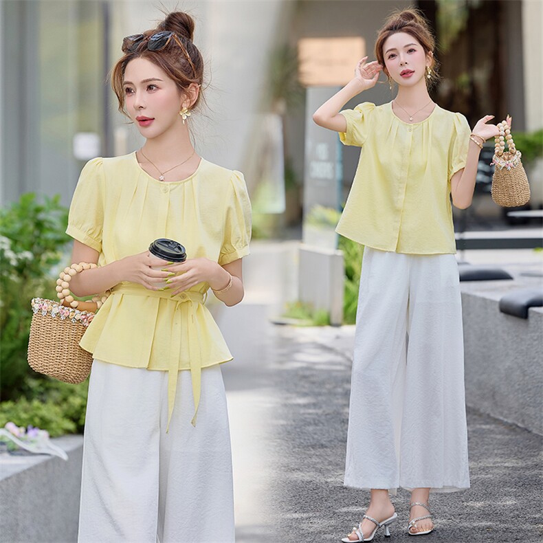 2025年夏季新款休闲气质棉麻阔腿裤套装两件套，女装套装/套裙，初闻兮