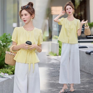 2025年夏季新款休闲气质棉麻阔腿裤套装两件套，女装套装/套裙，初闻兮
