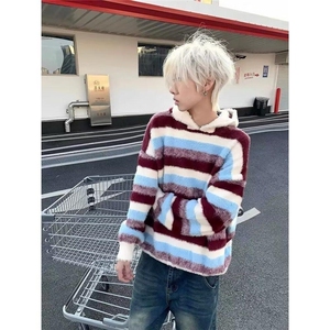 美式复古蓝白条纹连帽毛衣男女秋冬季慵懒风撞色高级感情侣针织衫图片