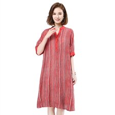 2021夏季新款简约时尚气质V领休闲舒适条纹文艺连衣裙，女装连衣裙，叶笙衣