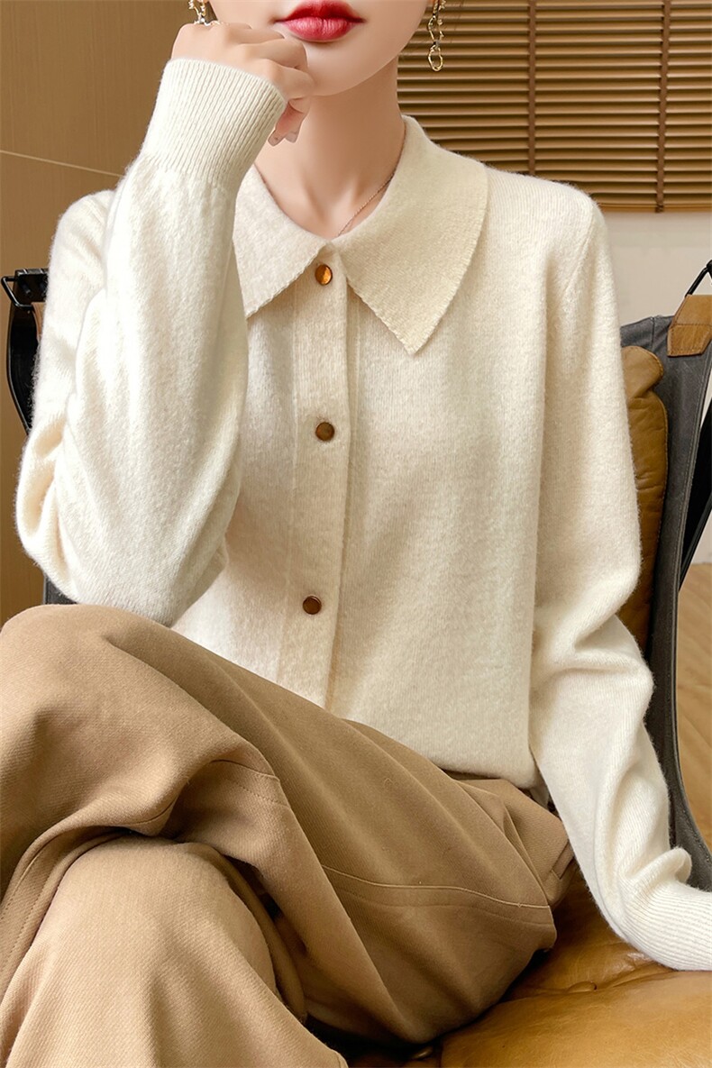 25秋冬100%纯羊毛开衫女POLO领长袖毛衣外套宽松羊绒针织外搭上衣,女装羊毛衫,佑昭祥羊绒