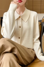 25秋冬100%纯羊毛开衫女POLO领长袖毛衣外套宽松羊绒针织外搭上衣，女装羊毛衫，佑昭祥羊绒