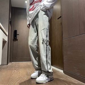 美式高街搭扣拉链牛仔裤水洗痞帅开叉裤N8033-P63图片
