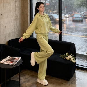 女秋季网红炸街时尚运动套装盐系穿搭纯色连帽卫衣阔腿长裤两件套,25岁到35岁穿衣搭配图片