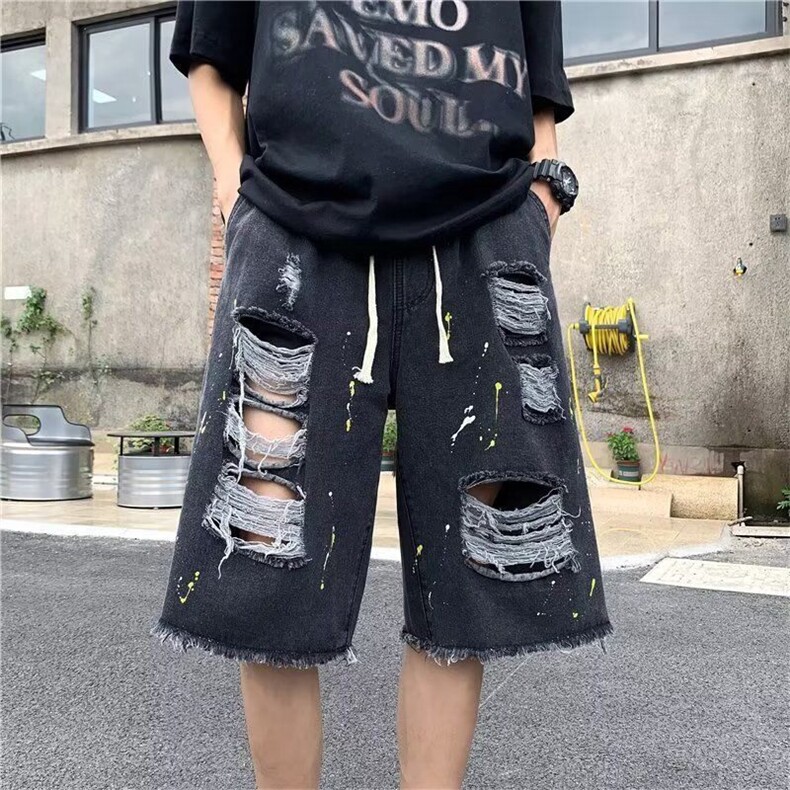 破洞泼墨牛仔短裤男夏季薄款外穿五分裤子毛边乞丐裤NDK04,男装牛仔裤,星座1116A（原606A-3）