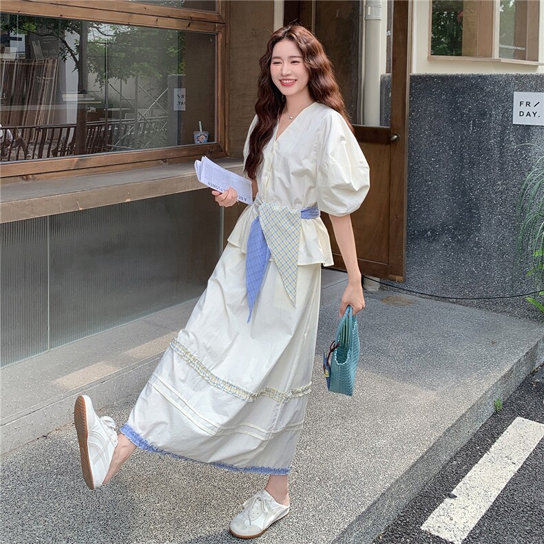 日系高级感V领泡泡袖上衣两件套2025年夏季设计感拼接半身裙套装,女装套装/套裙,慧尚2-185