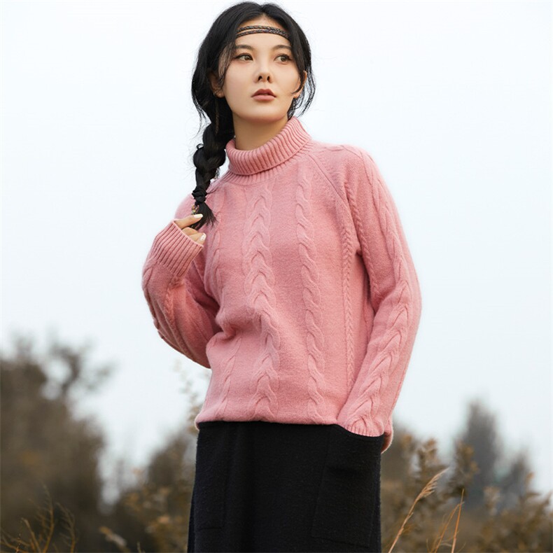 新款绞花高领女秋冬新款宽松显瘦纯色羊毛衫2024年秋季图片