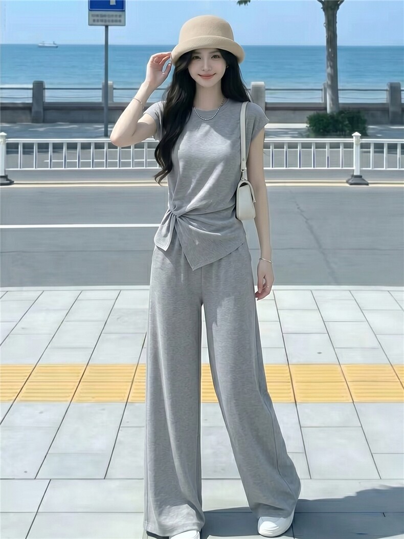 设计感时尚气质套装女夏季款圆领褶皱开叉短袖上衣阔腿长裤两件套,女装套装/套裙,江南