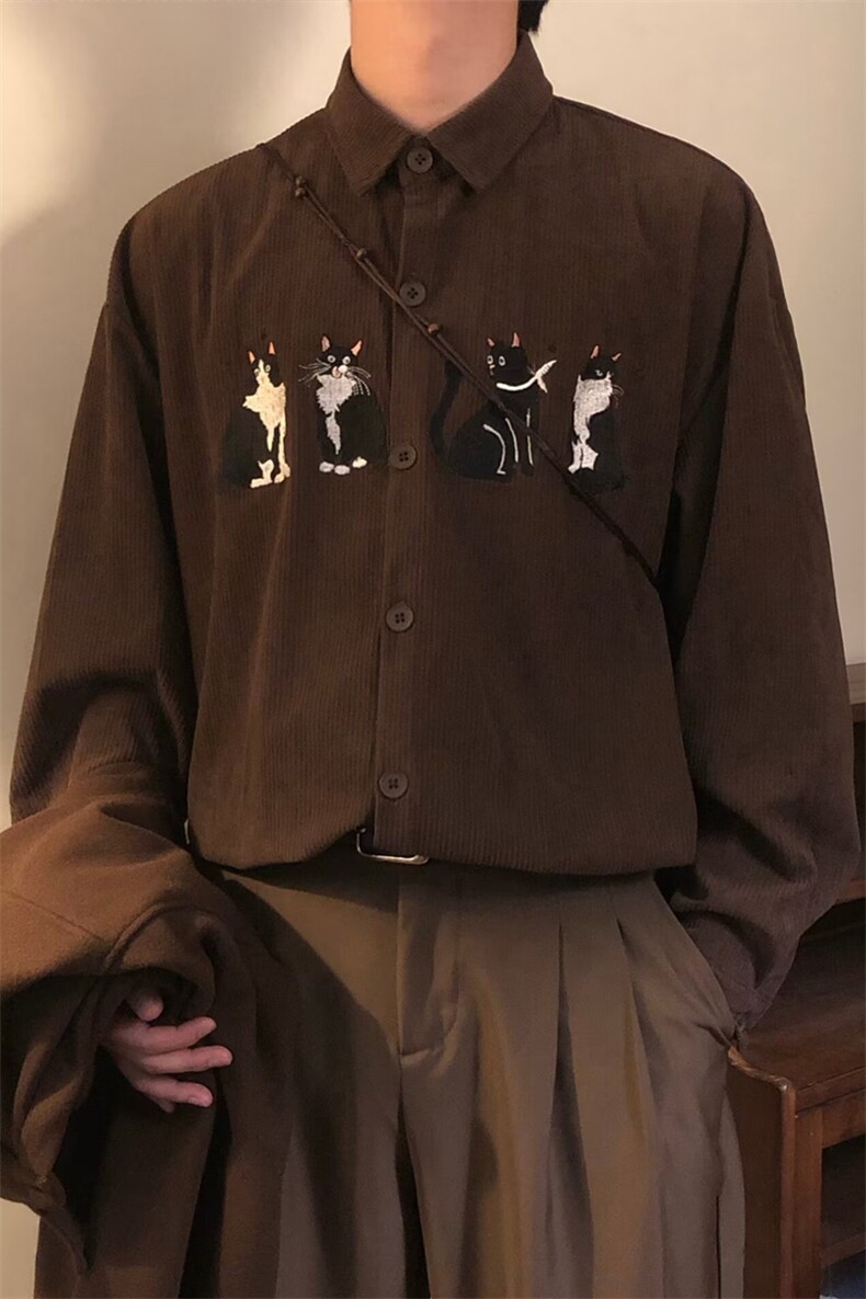 26春美式复古条纹翻领衬衫猫咪刺绣灯芯绒长袖衬衣宽松CS918-P55,男装衬衫,星座716A（原星座815-4）