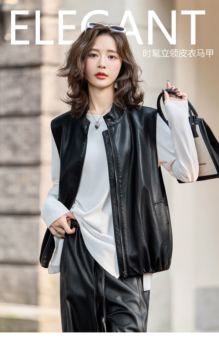 时髦个性立领皮衣马甲短外套女2025秋季新款宽松显瘦外穿拉链马夹,女装马甲,臻衣坊
