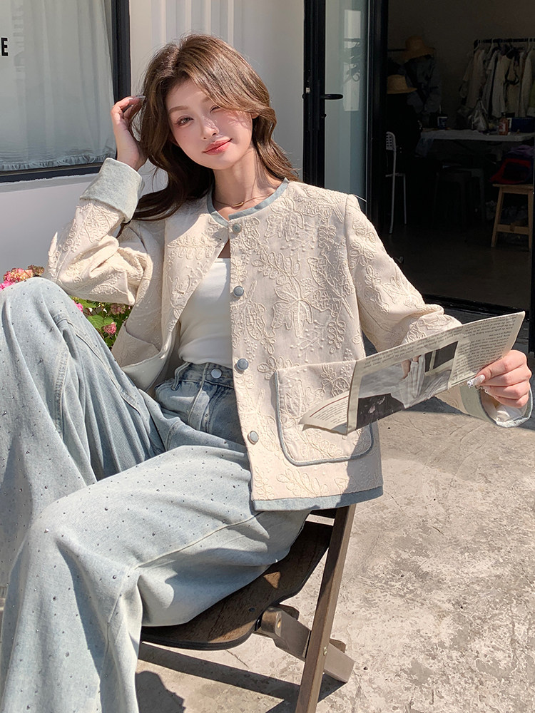 新中式轻国风米白色提花短外套女设计感假两件小香风名媛清冷上衣,女装短外套,浙宝208A
