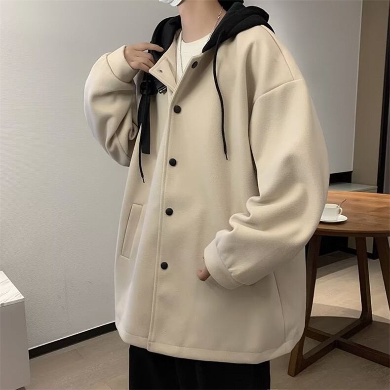 秋冬季拼接夹克男连帽毛呢大衣港风宽松简约纯色百搭外套DY24P65,男装毛呢大衣,星座410-2