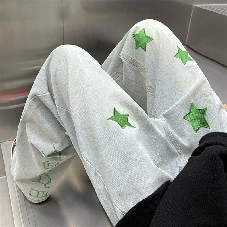 潮复古水洗绿色星星牛仔裤直筒N0599-P45,男装牛仔裤,星座308B-1
