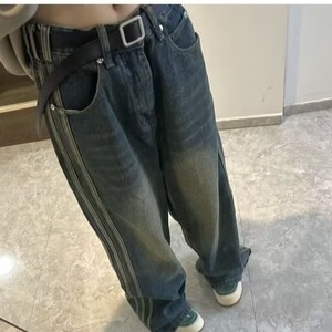 美式阔腿牛仔裤女薄款夏季2025新款复古做旧条纹高腰宽松拖地裤子图片