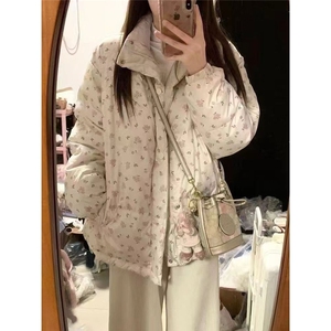 杏色碎花羽绒棉服女冬季2025新款设计感小众加厚小个子面包棉服图片