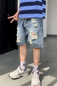 男士牛仔短裤夏季宽松潮流五分裤破洞直筒中裤薄款马裤5104图片