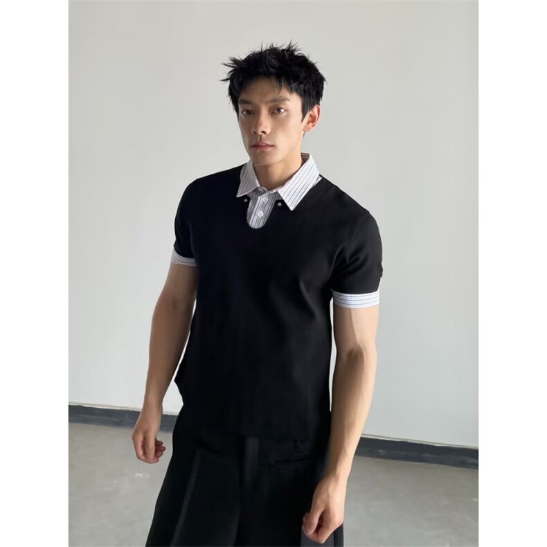 网图现货假两件撞色polo领短袖针织衫男女复古上衣潮RA43-P48,男装Polo衫,星座1005-4