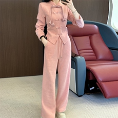 女秋季新中式民族风盘扣开叉上衣休闲阔腿裤套装，女装套装/套裙，江南