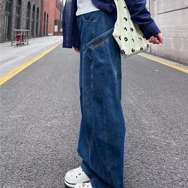 秋冬新款蓝色美式工装裤子复古设计感大口袋弯刀拖地阔腿牛仔裤女图片